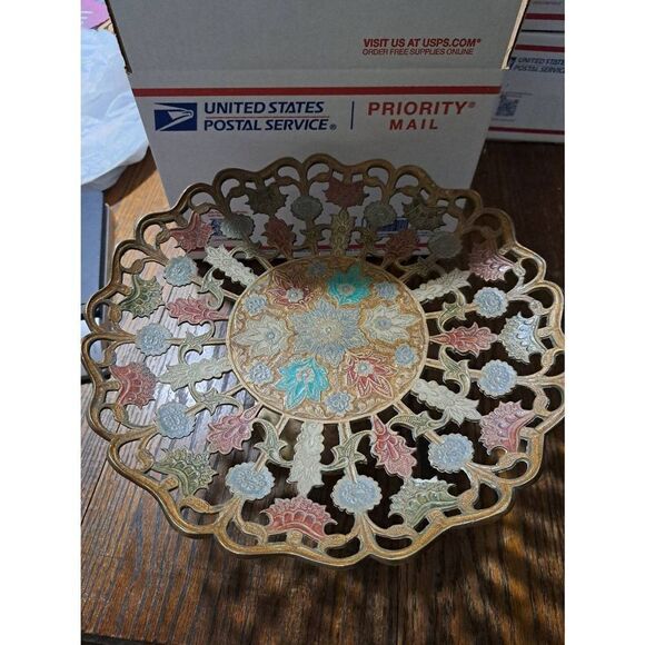 Vintage Handpainted Poppy Brass Pedestal Cake Plate Bowl Serving Piece Floral - Picture 2 of 6